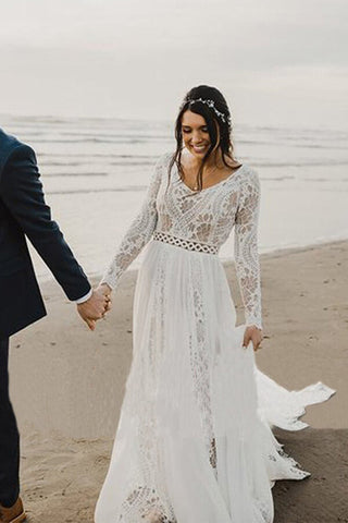 Elfenbeinfarbenes A-Linien-Spitzenkleid mit V-Ausschnitt und langen Ärmeln, Brautkleid für den Strand
