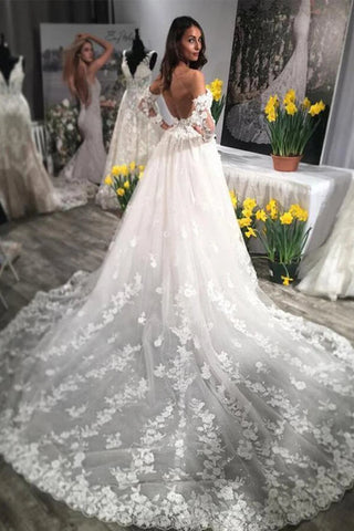 Ivory Lace Long Sleeves A-line Backless Wedding Dresses With Train