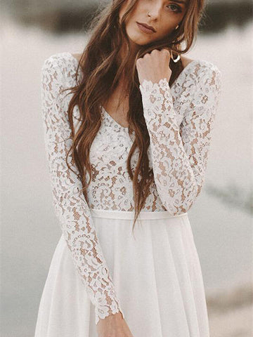 Ivory Lace Long Sleeves A-line Chiffon Wedding Dresses, Bridal Gowns