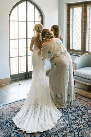 Ivory Lace Mermaid Backless V-neck Beach Wedding Dresses, Bridal Gown