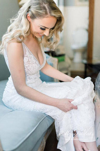 Ivory Lace Mermaid Backless V-neck Beach Wedding Dresses, Bridal Gown