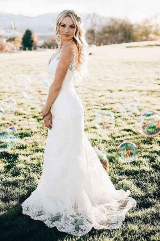 Elfenbein Spitze Meerjungfrau V-Ausschnitt Sweep Zug Brautkleider, Brautkleid