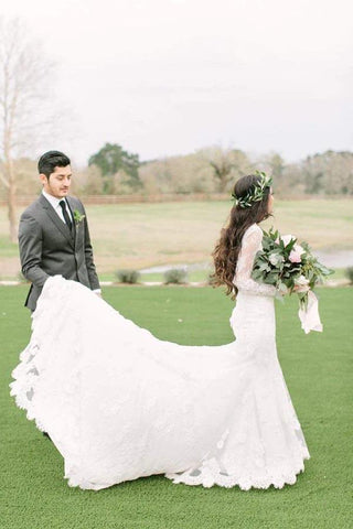 Ivory Lace Sheath V-neck Long Sleeves Chapel Train Wedding Dresses