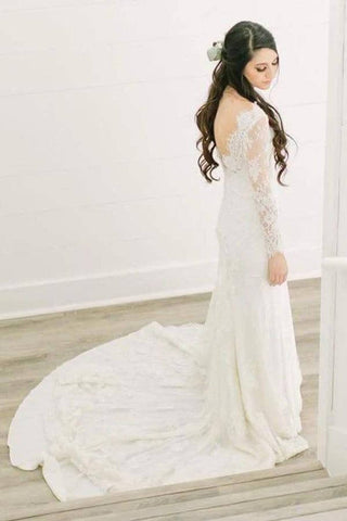 Ivory Lace Sheath V-neck Long Sleeves Chapel Train Wedding Dresses