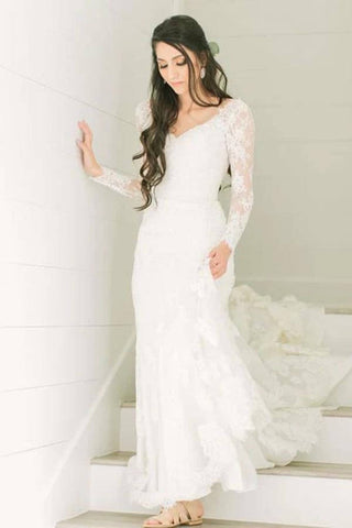 Ivory Lace Sheath V-neck Long Sleeves Chapel Train Wedding Dresses