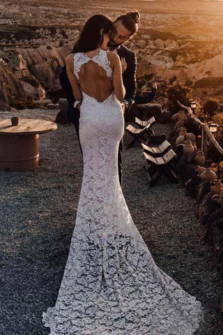 Ivory Mermaid Backless Lace Wedding Dresses With Slit, Bridal Gown