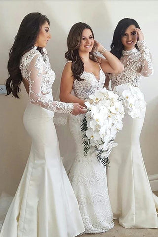 Mermaid Satin High Neck Long Sleeves Bridesmaid Dress With Lace