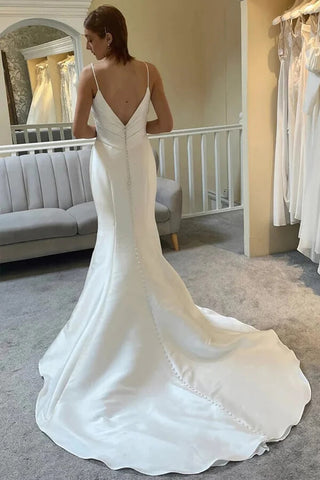 Ivory Mermaid Spaghetti Straps Backless Wedding Dress With Court Train