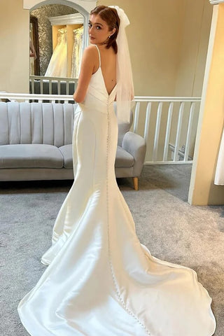 Ivory Mermaid Spaghetti Straps Backless Wedding Dress With Court Train