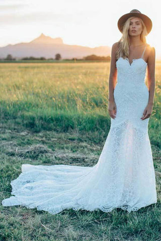 Ivory Mermaid Sweetheart Rustic Wedding Dresses, Lace Wedding Dresses