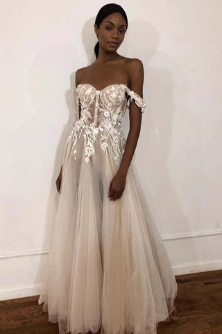 Ivory Off Shoulder Sweetheart Long Wedding Dresses with Lace Appliques