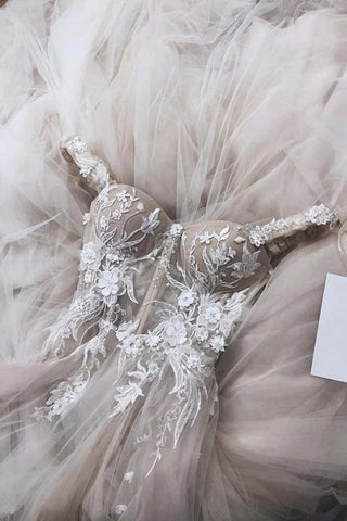 Ivory Off Shoulder Sweetheart Long Wedding Dresses with Lace Appliques