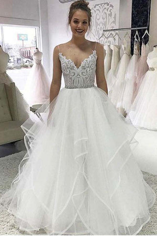 Ivory Organza Spaghetti Straps Lace Appliqued Beach Wedding Dresses