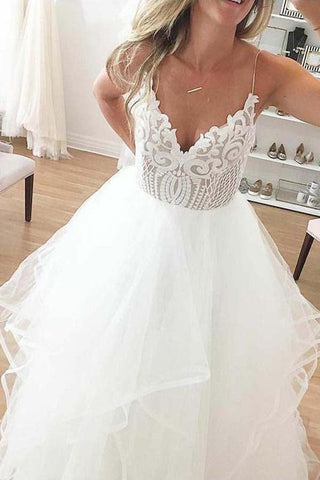 Ivory Organza Spaghetti Straps Lace Appliqued Beach Wedding Dresses