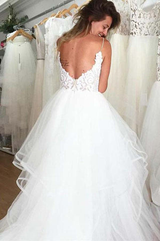 Ivory Organza Spaghetti Straps Lace Appliqued Beach Wedding Dresses