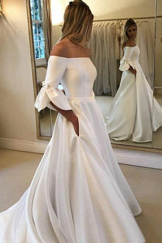 Ivory Satin A-line 3/4 Sleeves Off Shoulder Wedding Dresses with Pockets