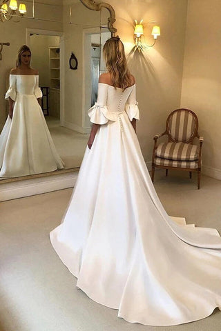 Ivory Satin A-line 3/4 Sleeves Off Shoulder Wedding Dresses with Pockets