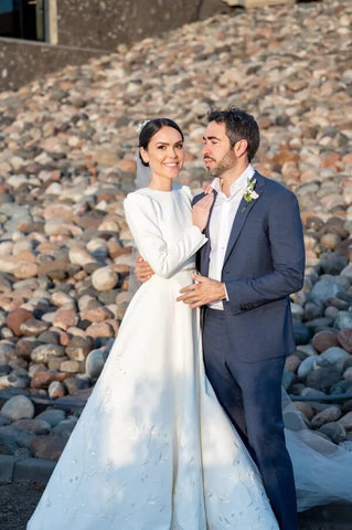 Ivory Satin A-line Long Sleeves Embroidery Modest Wedding Dresses