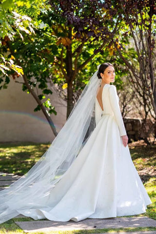 Ivory Satin A-line Long Sleeves Embroidery Modest Wedding Dresses