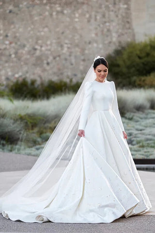 Ivory Satin A-line Long Sleeves Embroidery Modest Wedding Dresses