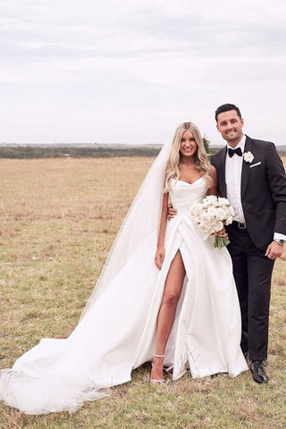 Ivory Satin A-line Strapless Court Train Wedding Dresses With Thigh Slit