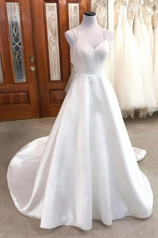 Ivory Satin A-line V-neck Spaghetti Straps Wedding Dresses, Bridal Gown