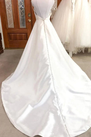 Ivory Satin A-line V-neck Spaghetti Straps Wedding Dresses, Bridal Gown