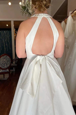 Ivory Satin Deep V-neck Wedding Dresses With Pockets, Bridal Gowns
