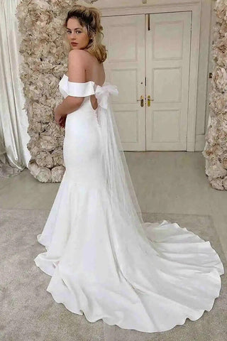 Ivory Satin Mermaid Off-the-Shoulder Simple Wedding Dress, Bridal Gown
