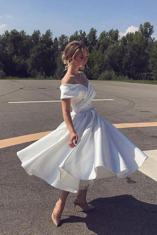 Ivory Satin Off Shoulder A-line Ankle-length Wedding Dress, Bridal Gown