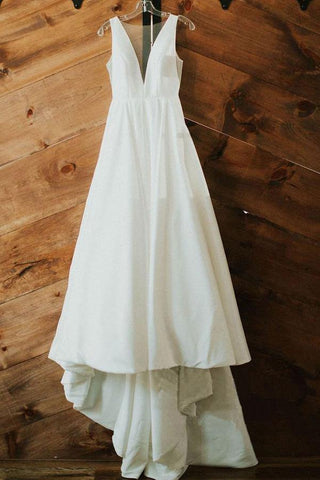 Ivory Satin Simple A-line V-neck Wedding Dresses, Elegant Bridal Gown