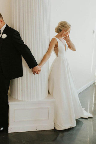 Ivory Satin Simple A-line V-neck Wedding Dresses, Elegant Bridal Gown