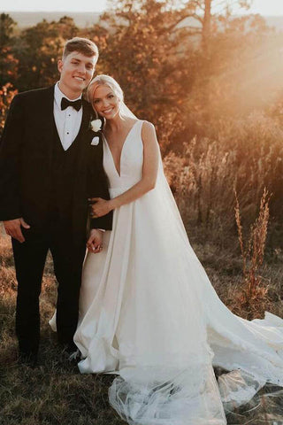 Ivory Satin Simple A-line V-neck Wedding Dresses, Elegant Bridal Gown