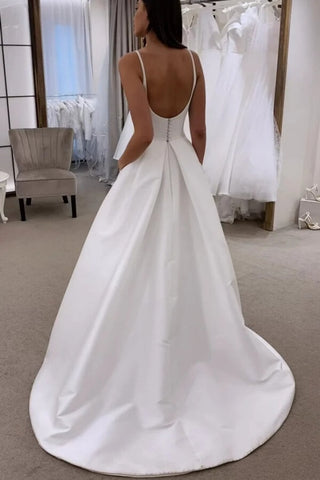 Ivory Satin Spaghetti Straps Simple Wedding Dresses With Sweep Train