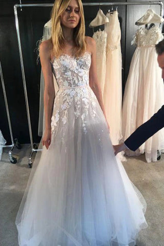 Ivory Strapless A-line Tulle Lace Sweetheart Wedding Dresses, Bridal Gowns