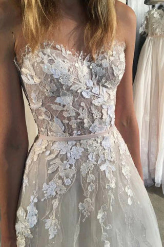 Ivory Strapless A-line Tulle Lace Sweetheart Wedding Dresses, Bridal Gowns