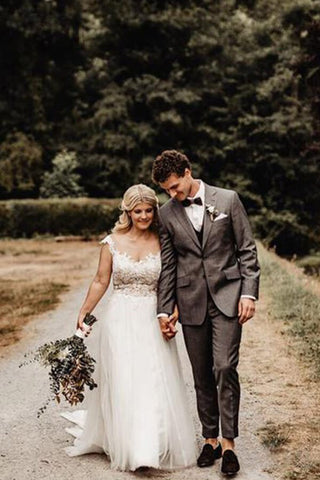 Ivory Tulle A-line Illusion Neck Wedding Dresses with Lace Appliques