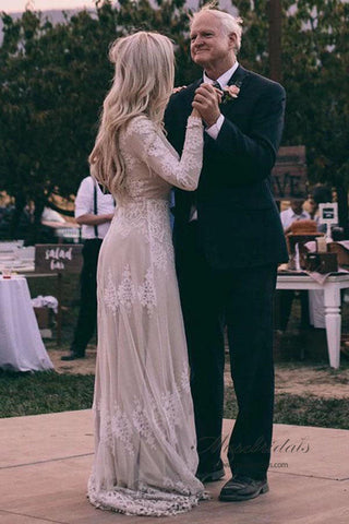 Ivory Tulle A-line Long Sleeves Bateau Wedding Dresses with Lace Appliques