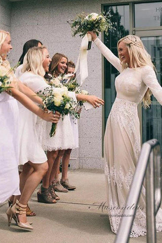Ivory Tulle A-line Long Sleeves Bateau Wedding Dresses with Lace Appliques