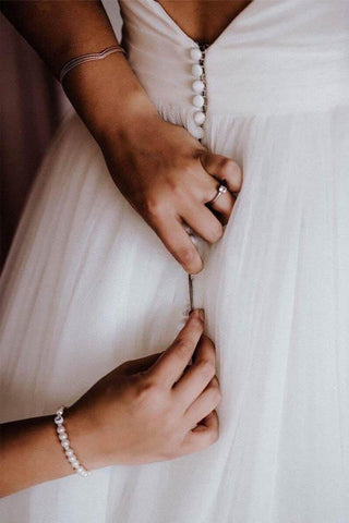 Elfenbeinfarbenes, rückenfreies A-Linien-Brautkleid aus Tüll, schlichtes Hochzeitskleid