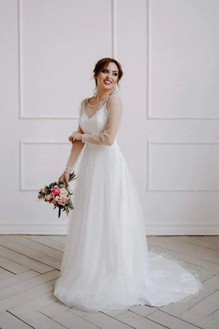 Ivory Tulle A-line Scoop Long Sleeves Beaded Bohemian Wedding Dresses