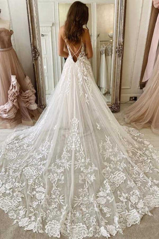 Ivory Tulle A-line V-neck Spaghetti Straps Lace Appliques Wedding Dresses