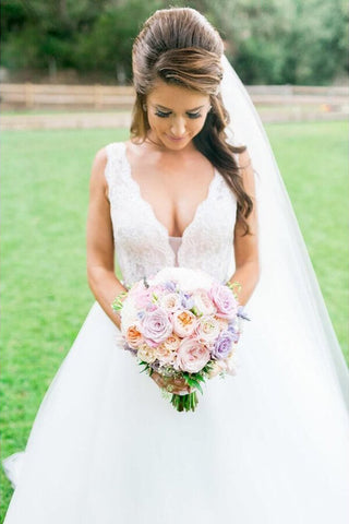 Ivory Tulle Ball Gown V Neck Rhinestone Wedding Dresses, Bridal Gown