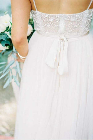 Ivory Tulle Beaded Spaghetti Straps Wedding Dress, A-line Wedding Gowns