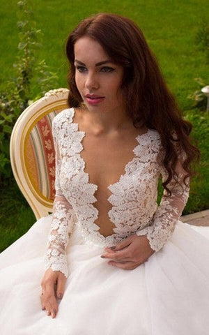 Elfenbein Tüll Boho Prinzessin A-Linie V-Ausschnitt Lange Ärmel Brautkleider