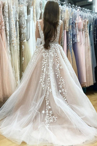 Elfenbeinfarbenes A-Linien-Tüll-Spitzenkleid mit V-Ausschnitt und Perlenbesatz, Brautkleider