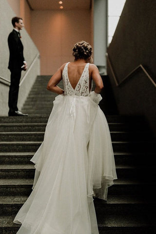 Ivory Tulle Lace A-line V-neck Wedding Dresses With Pearls, Bridal Gown