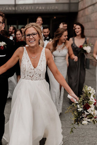 Ivory Tulle Lace A-line V-neck Wedding Dresses With Pearls, Bridal Gown