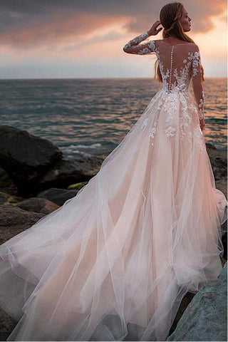 Ivory Tulle Lace Long Sleeves Beach Wedding Dresses With Illusion Neck
