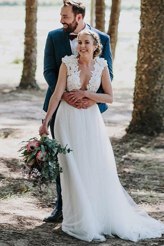 Ivory Tulle Rustic Lace Appliques V-neck Wedding Dresses, Bridal Gowns